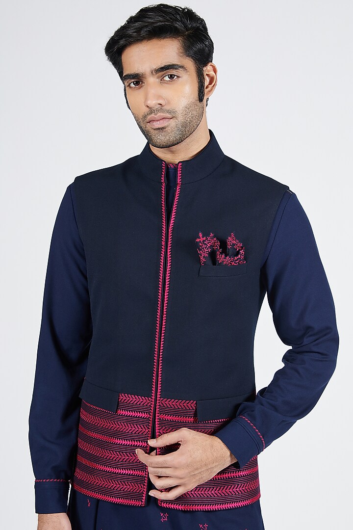 Navy Blue Poly Blend & Viscose Embroidered Bundi Jacket by S&N by Shantnu Nikhil Men at Pernia's Pop Up Shop