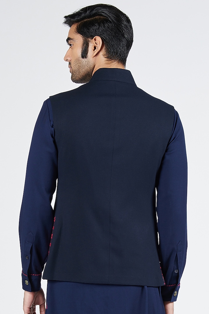 Navy Blue Poly Blend & Viscose Embroidered Bundi Jacket by S&N by Shantnu Nikhil Men at Pernia's Pop Up Shop