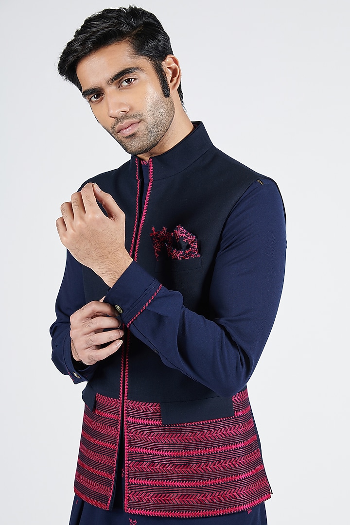 Navy Blue Poly Blend & Viscose Embroidered Bundi Jacket by S&N by Shantnu Nikhil Men at Pernia's Pop Up Shop