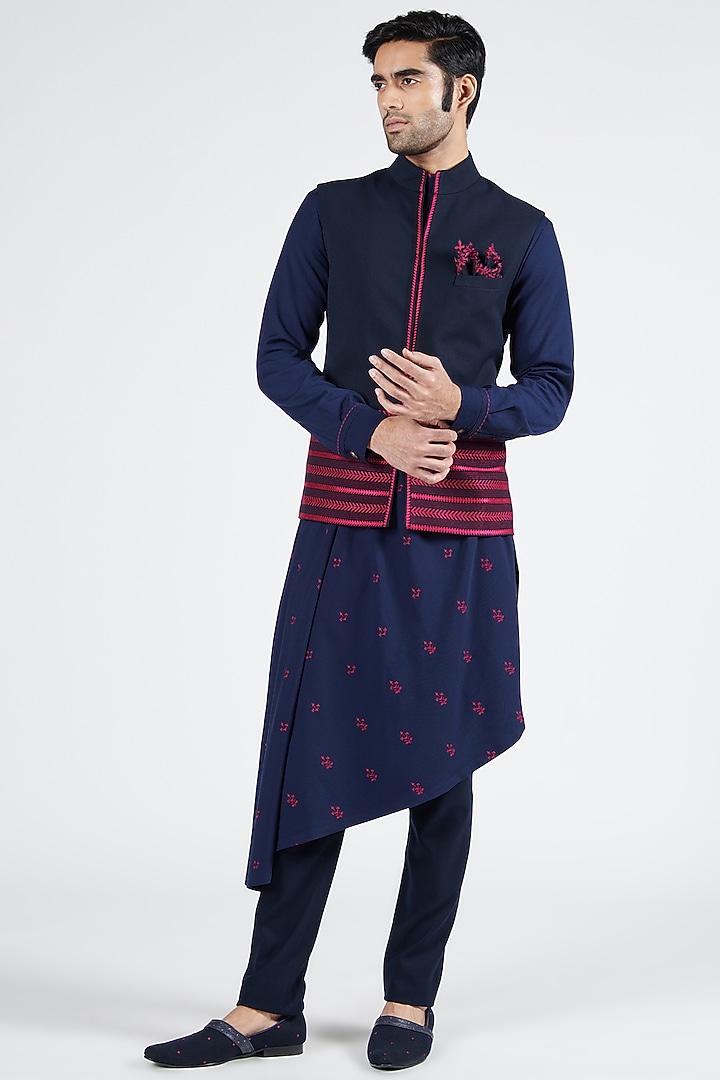 Navy Blue Poly Blend & Viscose Embroidered Bundi Jacket by S&N by Shantnu Nikhil Men at Pernia's Pop Up Shop