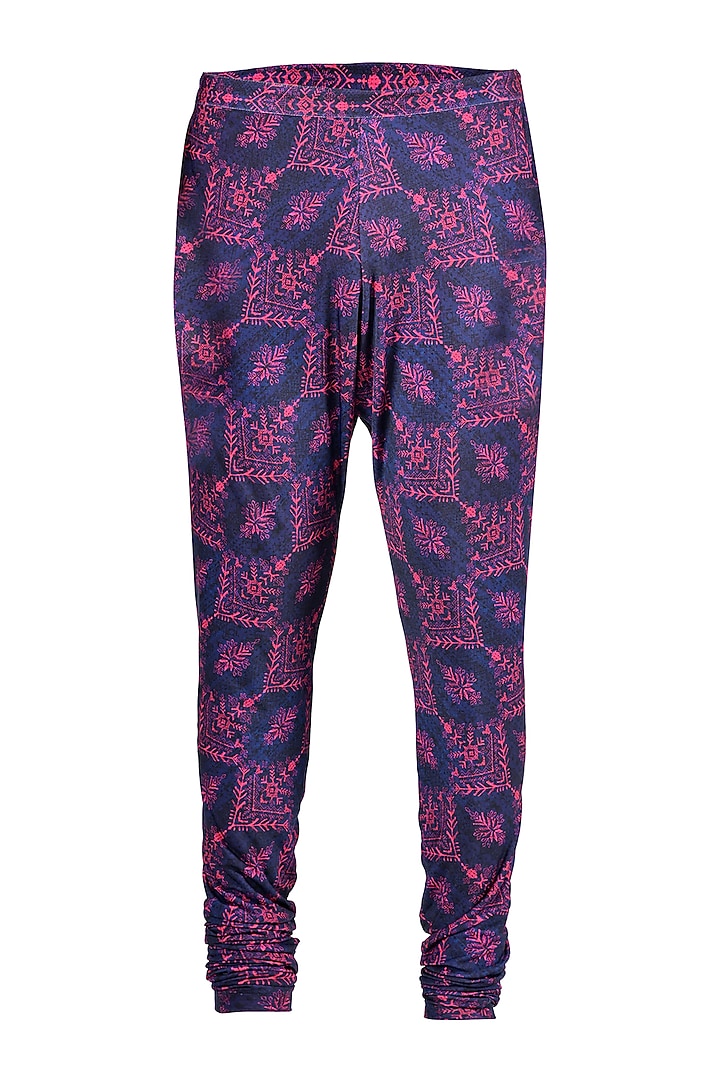 Navy Blue Poly Jersey Printed Churidar Pants by S&N by Shantnu Nikhil Men at Pernia's Pop Up Shop