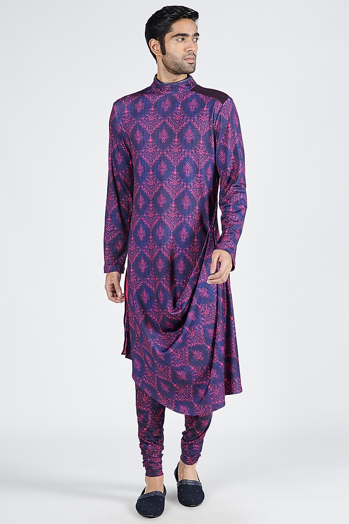 Navy Blue Poly Jersey Printed Churidar Pants by S&N by Shantnu Nikhil Men at Pernia's Pop Up Shop