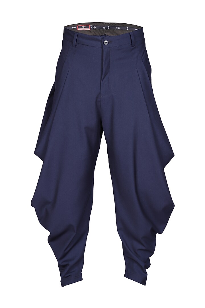 Navy Blue Terylene & Viscose Cowl Pants by S&N by Shantnu Nikhil Men at Pernia's Pop Up Shop
