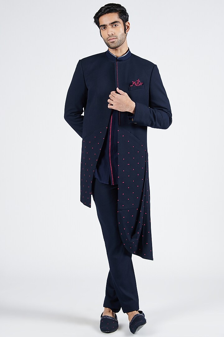Navy Blue Poly Blend & Viscose Embroidered Wedding Sherwani by S&N by Shantnu Nikhil Men at Pernia's Pop Up Shop