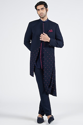 Navy Blue Poly Blend & Viscose Embroidered Sherwani by S&N by Shantnu Nikhil Men