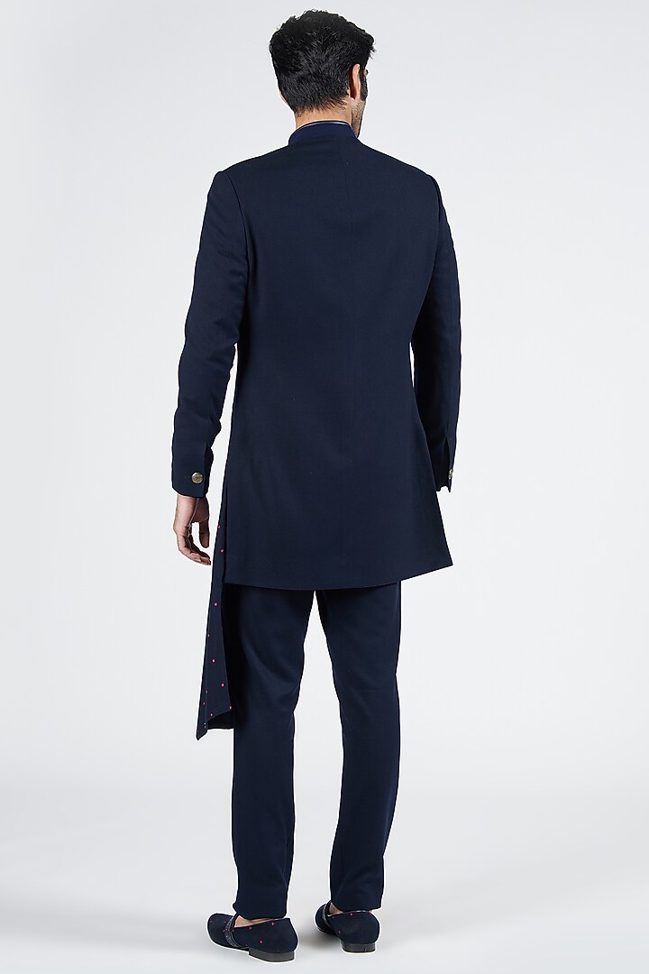 Navy Blue Poly Blend & Viscose Embroidered Wedding Sherwani by S&N by Shantnu Nikhil Men at Pernia's Pop Up Shop