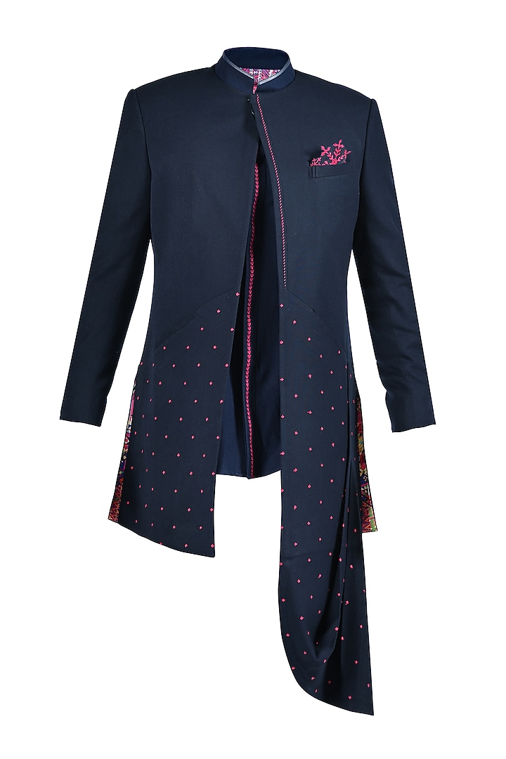 Navy Blue Poly Blend & Viscose Embroidered Wedding Sherwani by S&N by Shantnu Nikhil Men at Pernia's Pop Up Shop