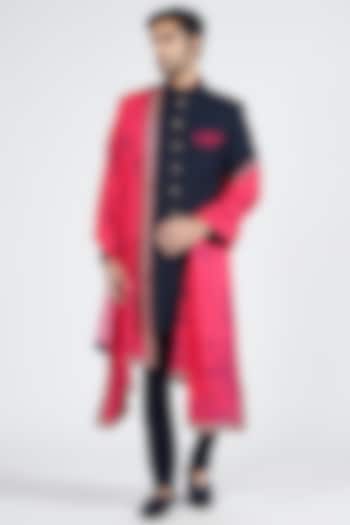 Navy Blue Poly Blend & Viscose Thread Embroidered Wedding Sherwani by S&N by Shantnu Nikhil Men at Pernia's Pop Up Shop
