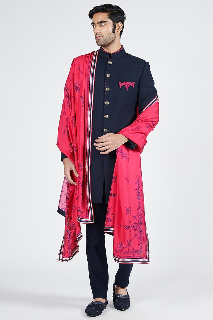 Navy Blue Poly Blend & Viscose Thread Embroidered Wedding Sherwani by S&N by Shantnu Nikhil Men at Pernia's Pop Up Shop