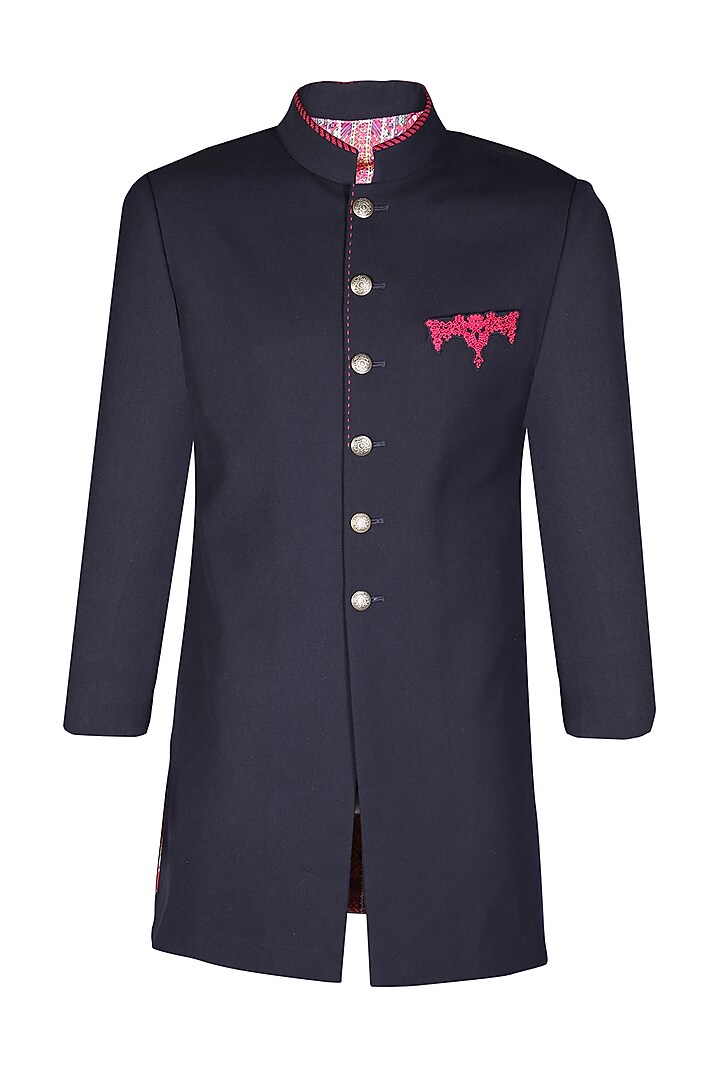 Navy Blue Poly Blend & Viscose Thread Embroidered Wedding Sherwani by S&N by Shantnu Nikhil Men at Pernia's Pop Up Shop