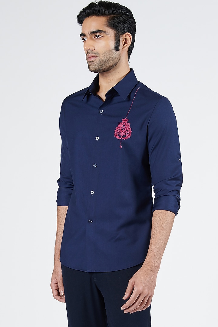 Navy Blue Terylene & Viscose Embroidered Party Wear Shirt by S&N by Shantnu Nikhil Men at Pernia's Pop Up Shop