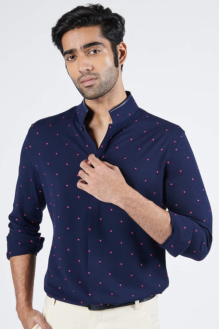 Navy Blue Terylene & Viscose Embroidered Wedding Shirt by S&N by Shantnu Nikhil Men at Pernia's Pop Up Shop