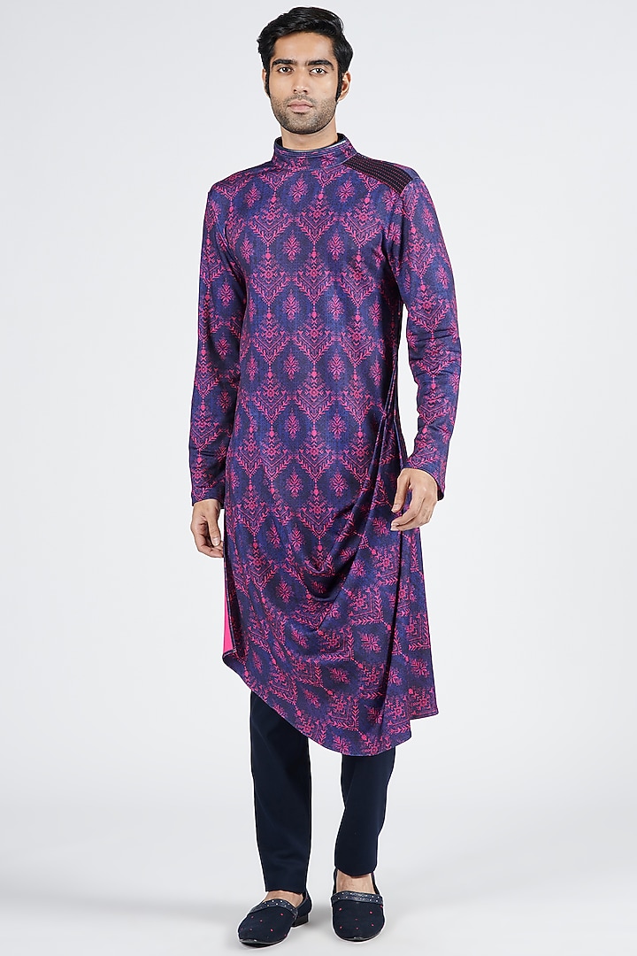 Navy Blue Crepe Jersey Printed Kurta by S&N by Shantnu Nikhil Men at Pernia's Pop Up Shop