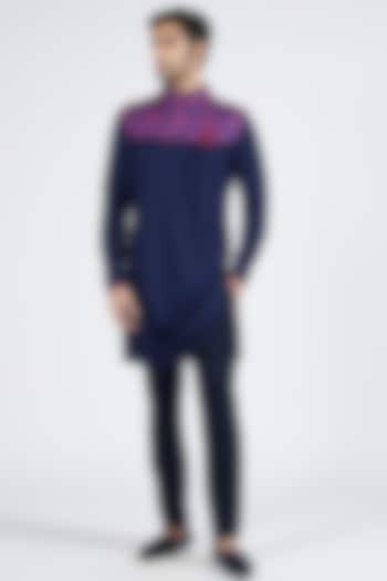 Navy Blue Crepe Jersey Printed Draped Kurta by S&N by Shantnu Nikhil Men at Pernia's Pop Up Shop