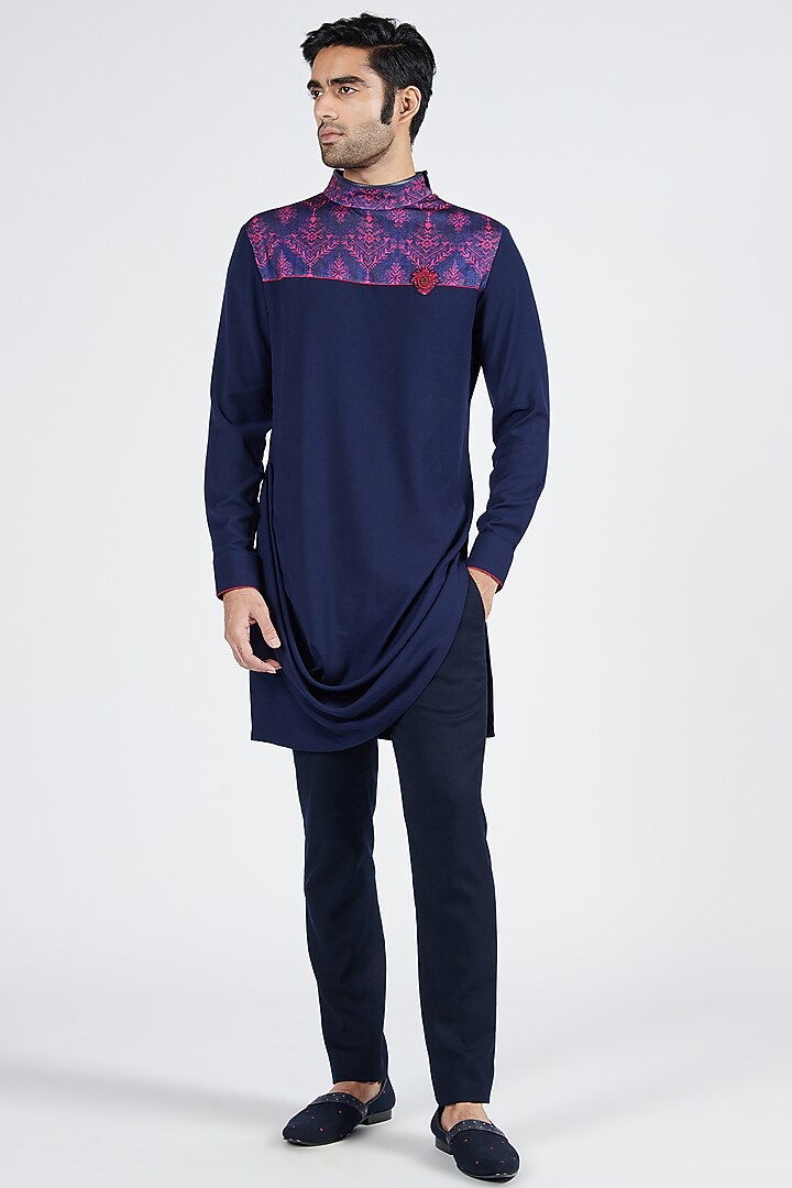 Navy Blue Crepe Jersey Printed Draped Kurta by S&N by Shantnu Nikhil Men at Pernia's Pop Up Shop