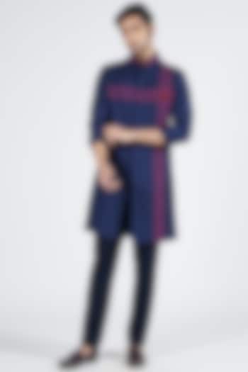 Navy Blue Terylene & Viscose Embroidered Shirt Kurta by S&N by Shantnu Nikhil Men at Pernia's Pop Up Shop