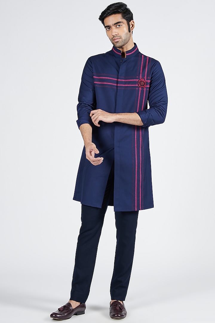 Navy Blue Terylene & Viscose Embroidered Shirt Kurta by S&N by Shantnu Nikhil Men at Pernia's Pop Up Shop