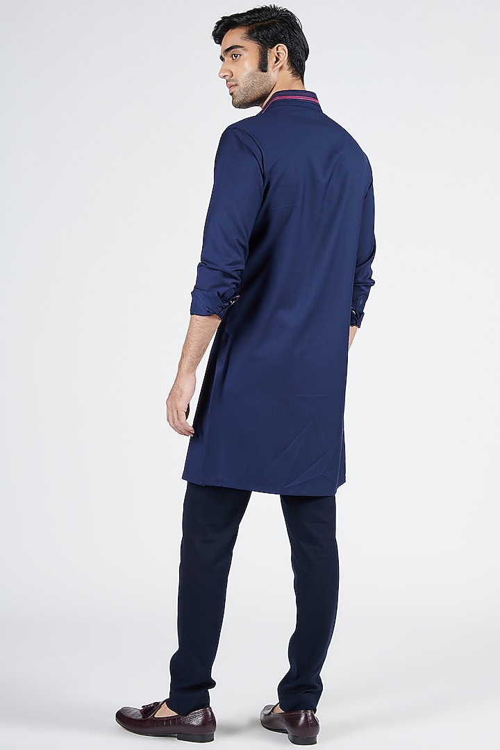 Navy Blue Terylene & Viscose Embroidered Shirt Kurta by S&N by Shantnu Nikhil Men at Pernia's Pop Up Shop