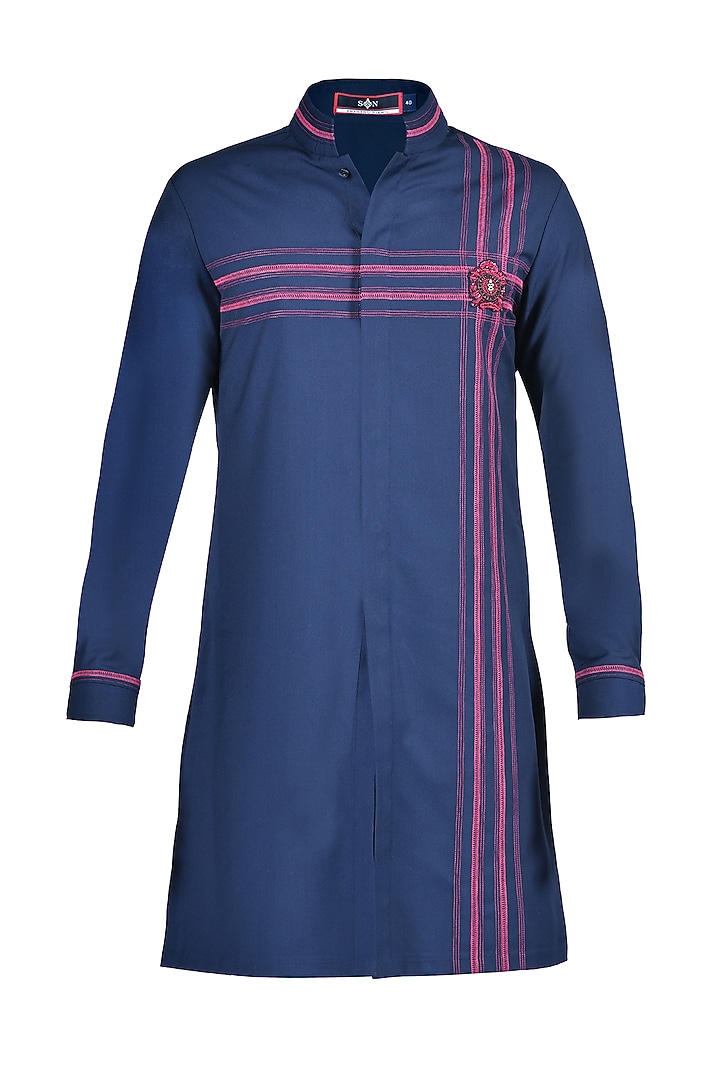 Navy Blue Terylene & Viscose Embroidered Shirt Kurta by S&N by Shantnu Nikhil Men at Pernia's Pop Up Shop