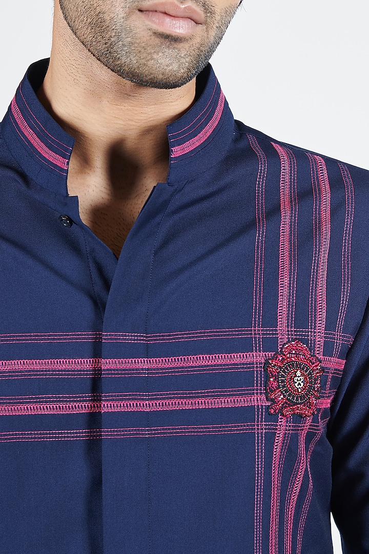 Navy Blue Terylene & Viscose Embroidered Shirt Kurta by S&N by Shantnu Nikhil Men at Pernia's Pop Up Shop
