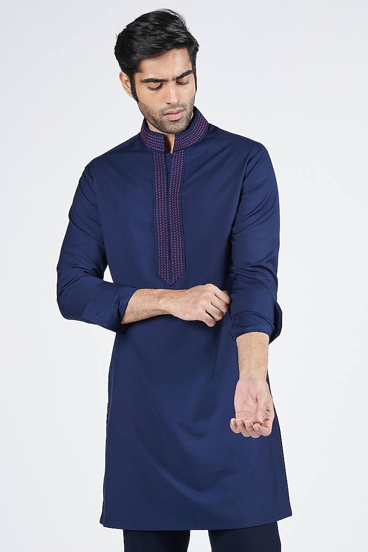 Navy Blue Terylene & Viscose Embroidered Kurta by S&N by Shantnu Nikhil Men at Pernia's Pop Up Shop
