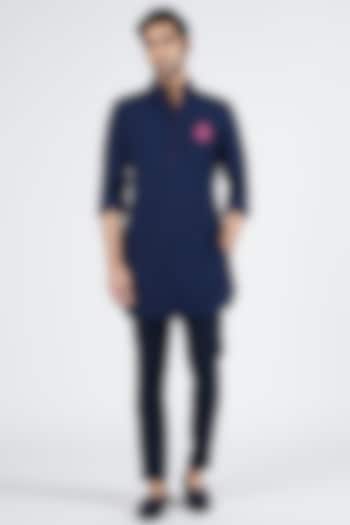 Navy Blue Terylene & Cotton Embroidered Kurta by S&N by Shantnu Nikhil Men at Pernia's Pop Up Shop
