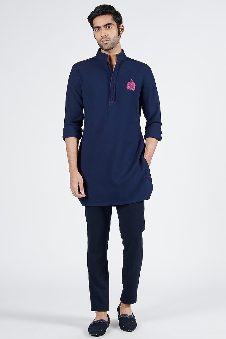 Navy Blue Terylene & Cotton Embroidered Kurta by S&N by Shantnu Nikhil Men at Pernia's Pop Up Shop