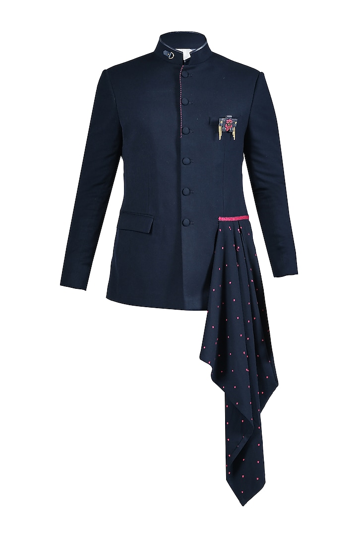 Navy Blue Poly Blend & Viscose Bandhgala by S&N by Shantnu Nikhil Men at Pernia's Pop Up Shop