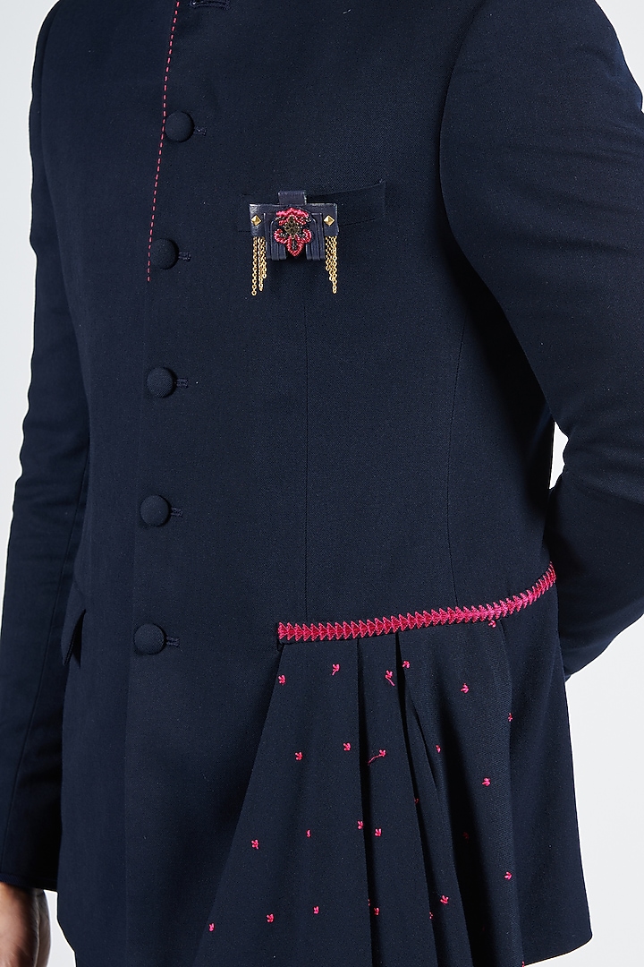 Navy Blue Poly Blend & Viscose Bandhgala by S&N by Shantnu Nikhil Men at Pernia's Pop Up Shop