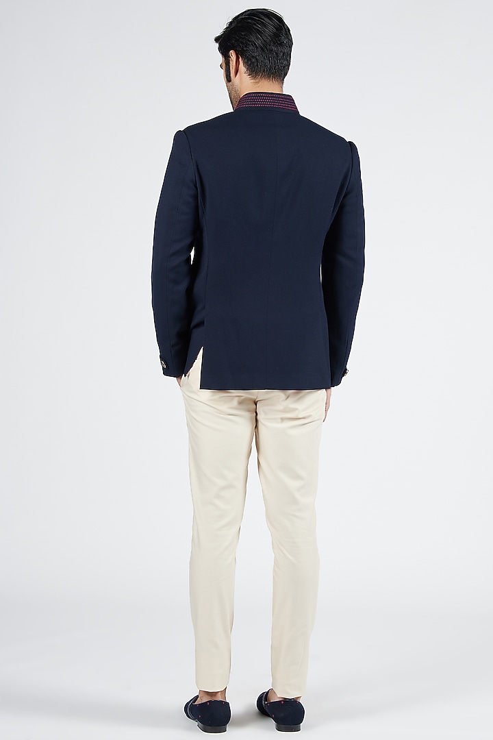 Navy Blue Poly Blend Thread Embroidered Wedding Bandhgala by S&N by Shantnu Nikhil Men at Pernia's Pop Up Shop