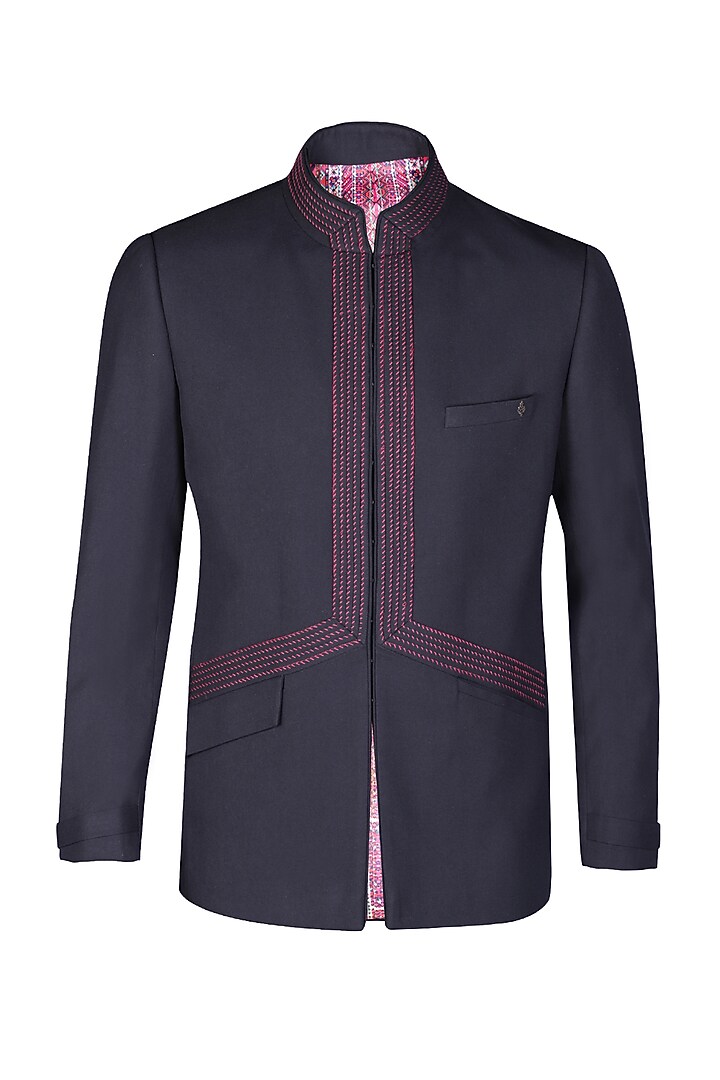 Navy Blue Poly Blend Thread Embroidered Wedding Bandhgala by S&N by Shantnu Nikhil Men at Pernia's Pop Up Shop