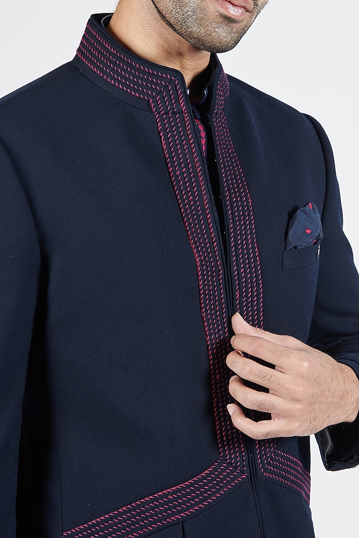 Navy Blue Poly Blend Thread Embroidered Wedding Bandhgala by S&N by Shantnu Nikhil Men at Pernia's Pop Up Shop