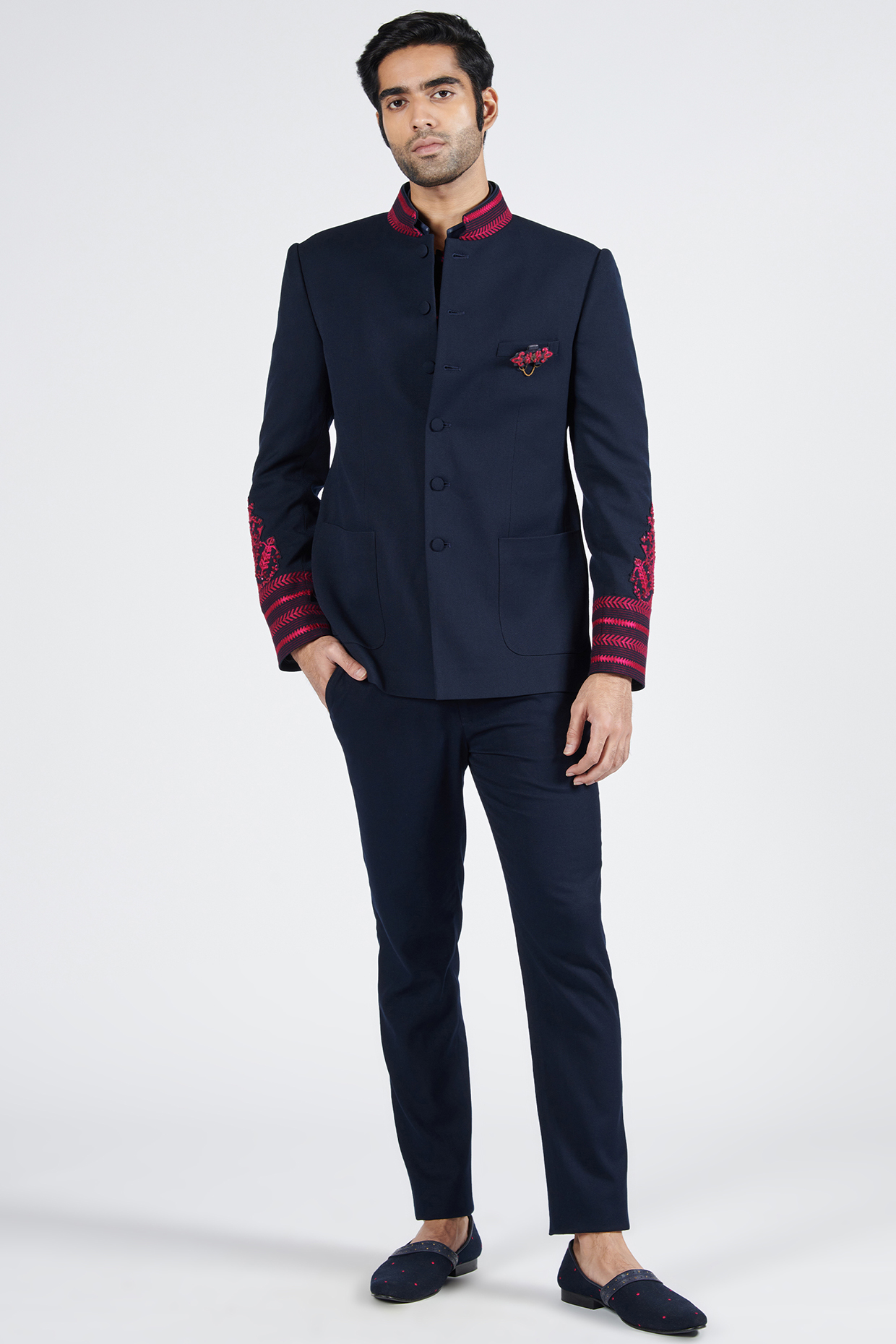 Navy Blue Poly Blend & Viscose Embroidered Bandhgala by S&N by Shantnu Nikhil Men