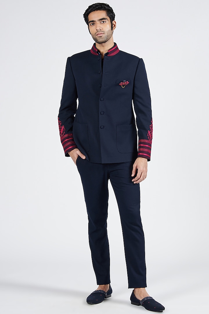 Navy Blue Poly Blend & Viscose Embroidered Bandhgala by S&N by Shantnu Nikhil Men