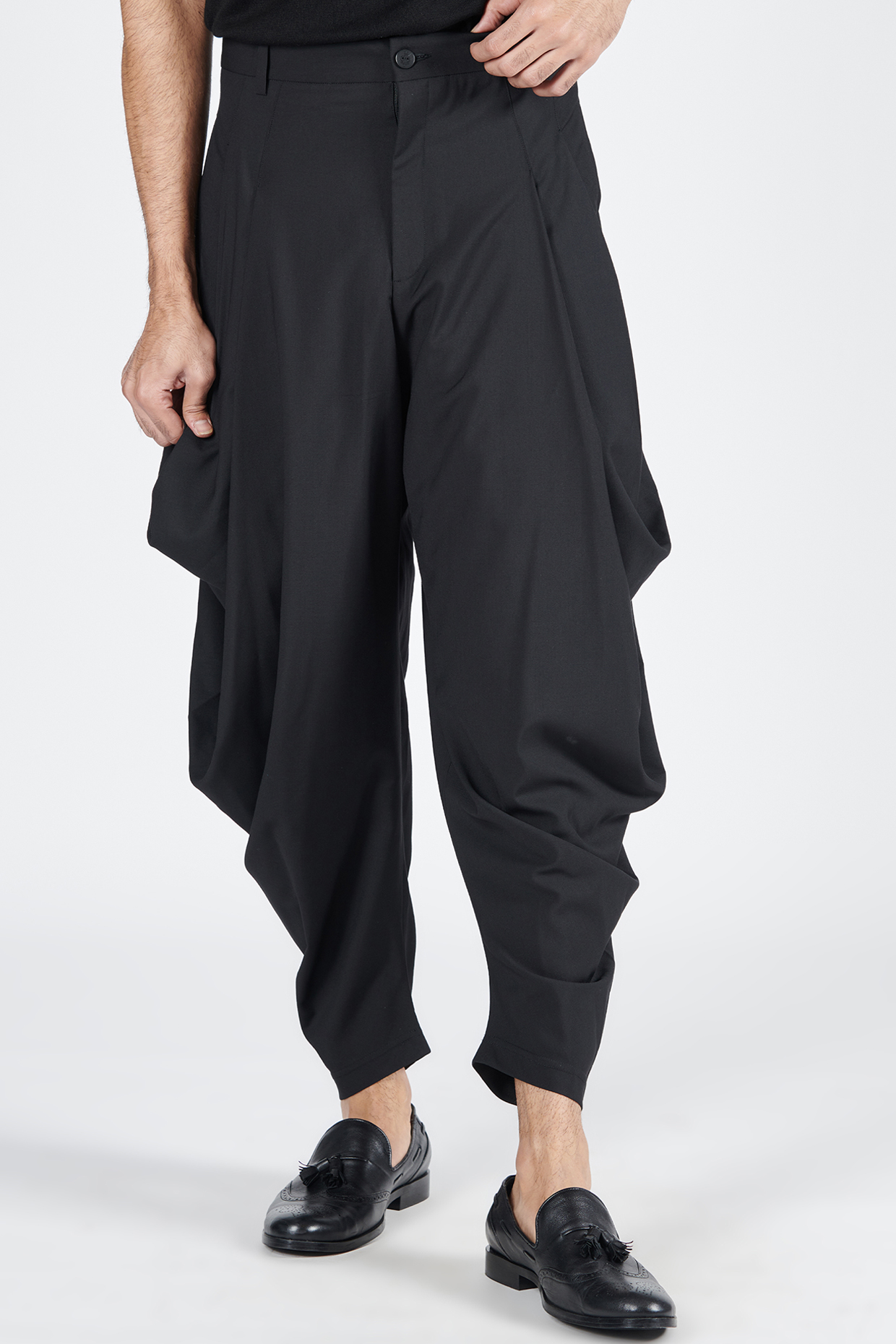Black Poly Viscose Suiting Cowl Pants by S&N by Shantnu Nikhil Men at Pernia's Pop Up Shop