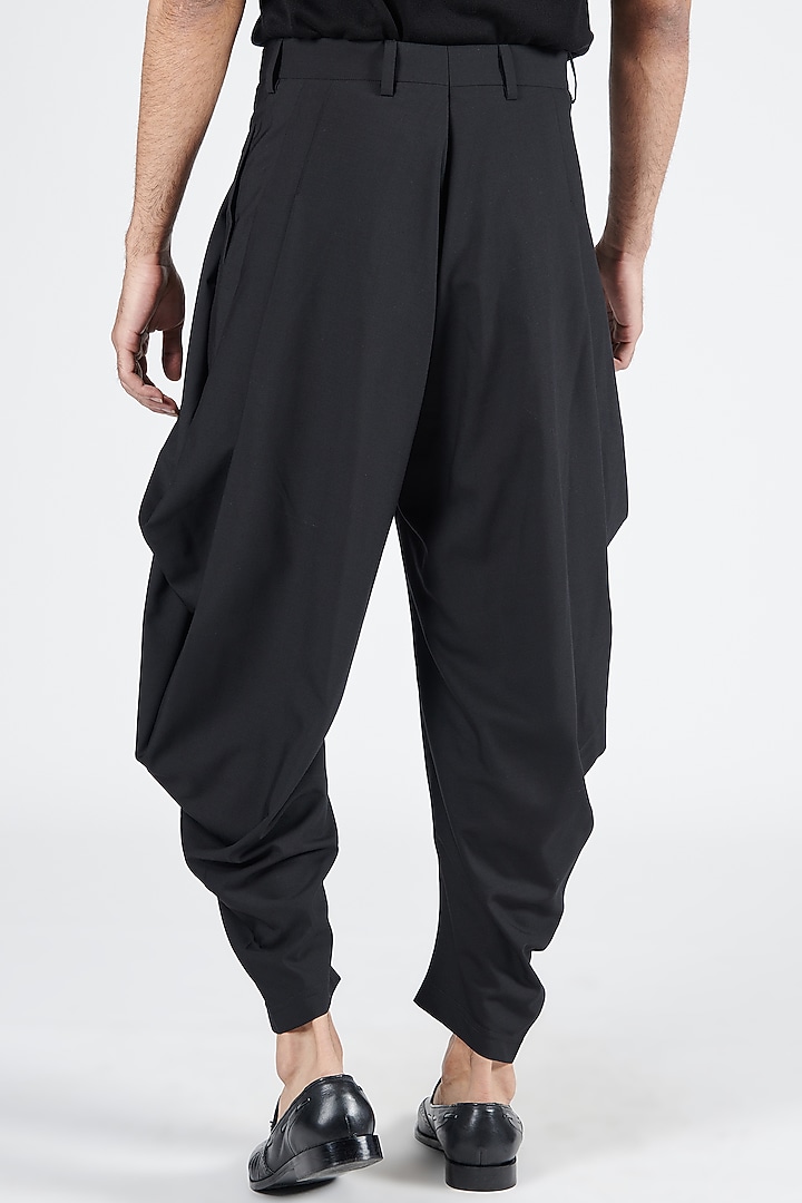 Black Poly Viscose Suiting Cowl Pants by S&N by Shantnu Nikhil Men at Pernia's Pop Up Shop