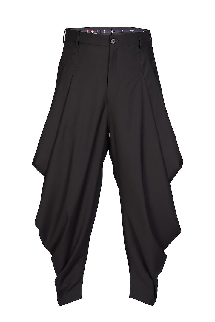 Black Poly Viscose Suiting Cowl Pants by S&N by Shantnu Nikhil Men at Pernia's Pop Up Shop