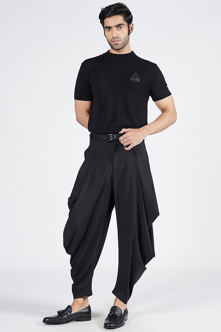 Black Poly Viscose Suiting Cowl Pants by S&N by Shantnu Nikhil Men at Pernia's Pop Up Shop