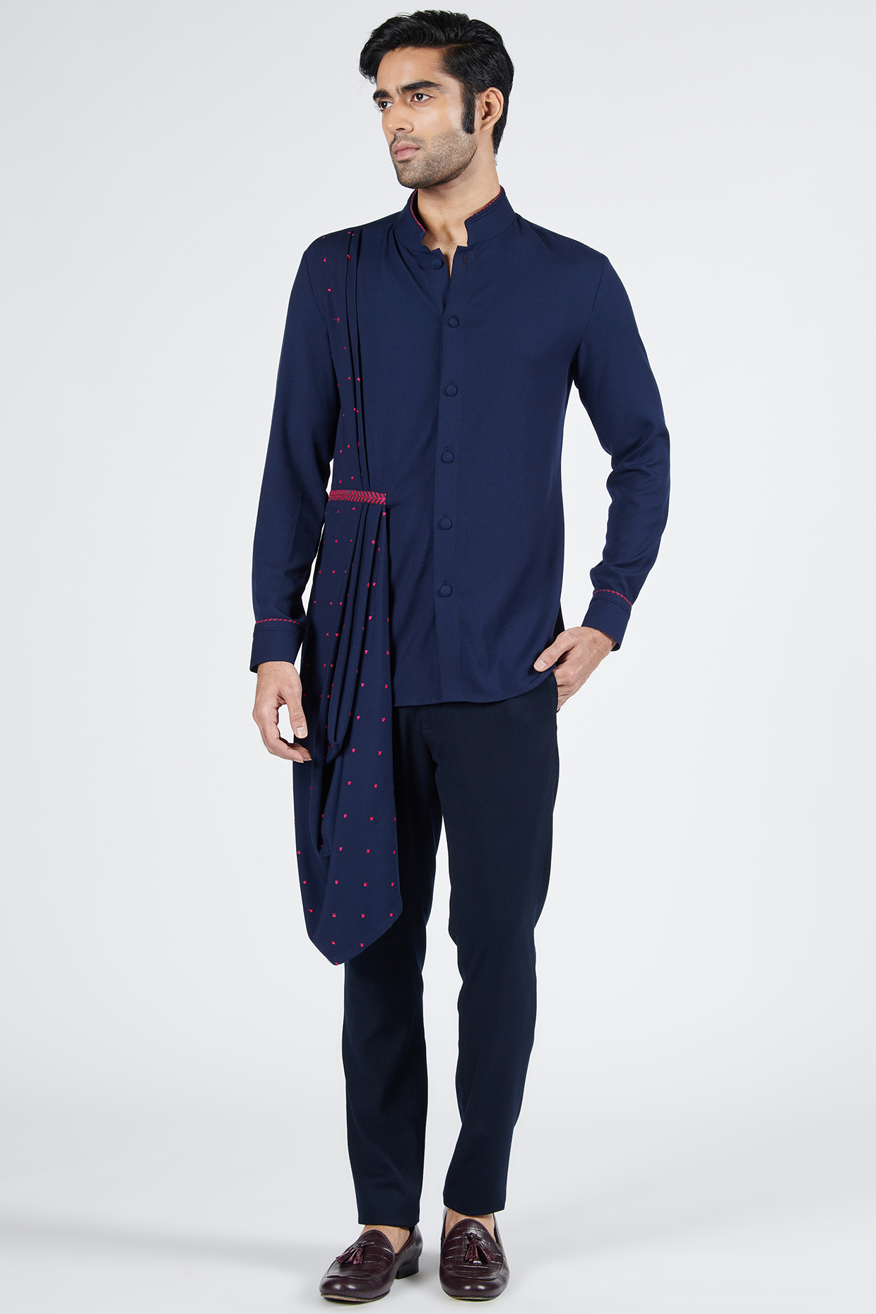 Navy Blue Terylene & Viscose Embroidered Draped Shirt by S&N by Shantnu Nikhil Men