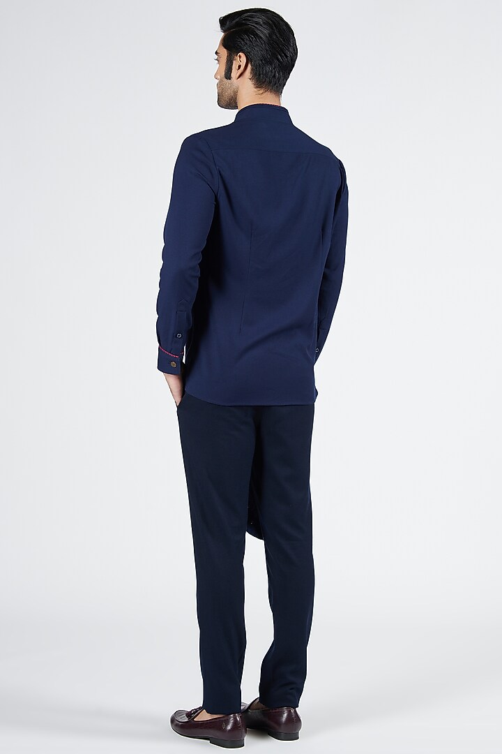 Navy Blue Terylene & Viscose Embroidered Draped Wedding Shirt by S&N by Shantnu Nikhil Men at Pernia's Pop Up Shop