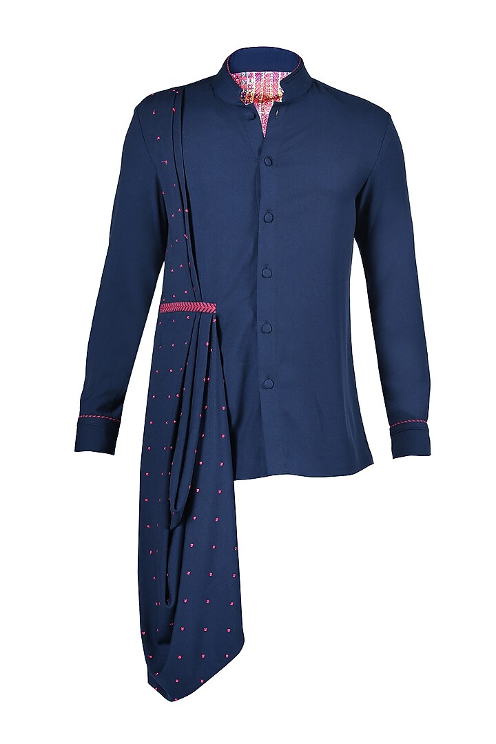 Navy Blue Terylene & Viscose Embroidered Draped Wedding Shirt by S&N by Shantnu Nikhil Men at Pernia's Pop Up Shop