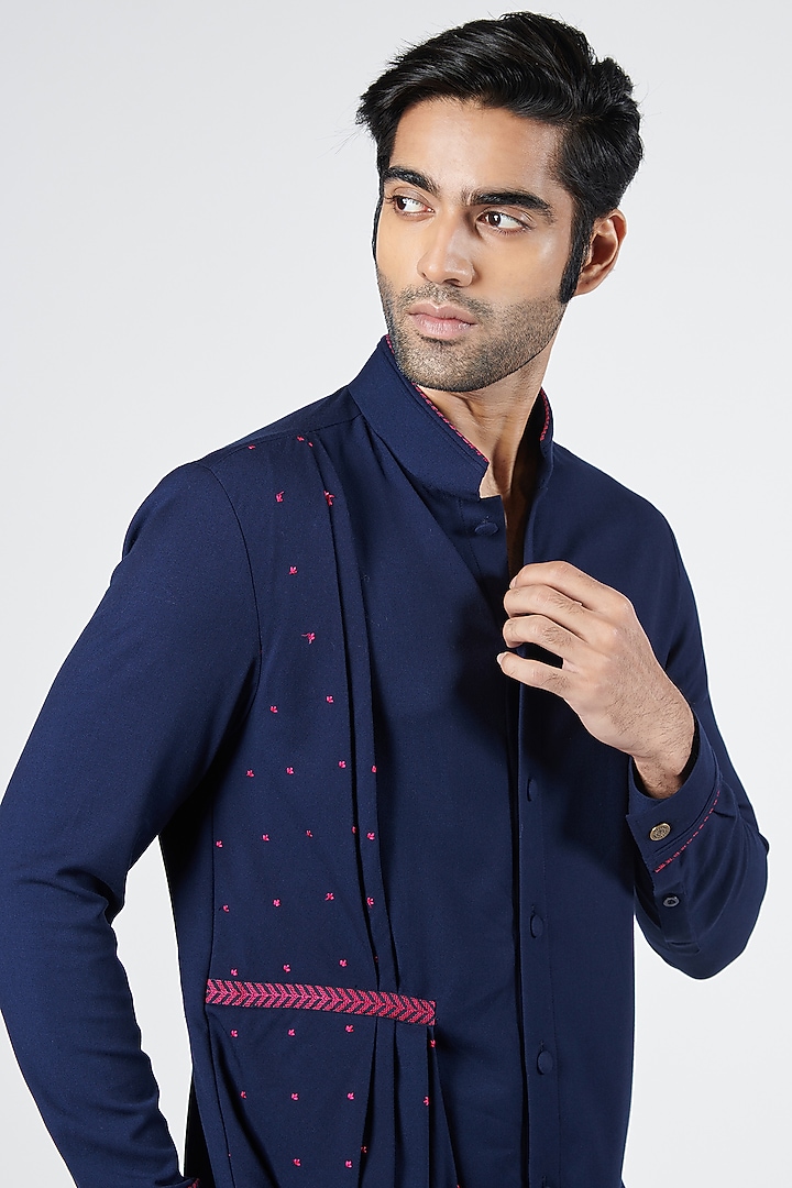 Navy Blue Terylene & Viscose Embroidered Draped Wedding Shirt by S&N by Shantnu Nikhil Men at Pernia's Pop Up Shop