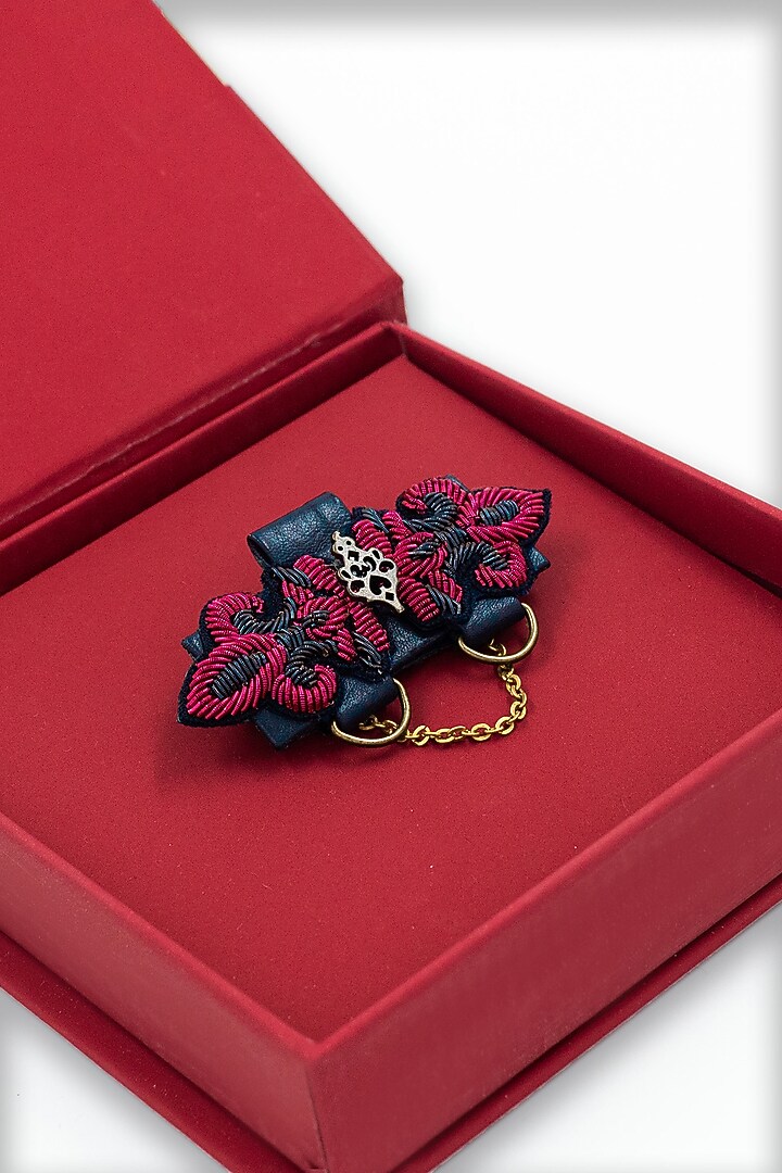 Navy & Pink Faux Leather Embroidered Brooch by S&N by Shantnu Nikhil Men at Pernia's Pop Up Shop