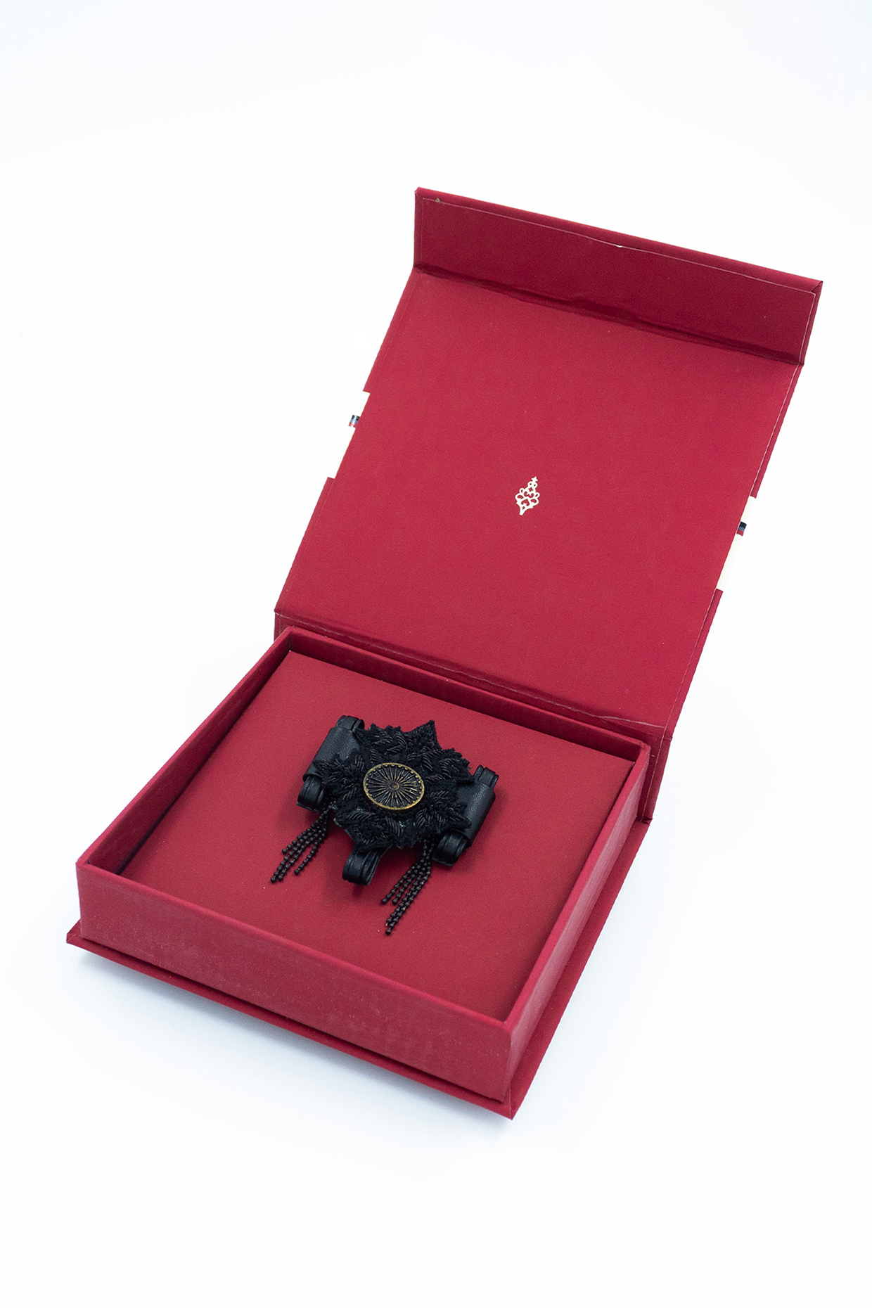 Black Faux Leather & Metal Embroidered Brooch by S&N by Shantnu Nikhil Men