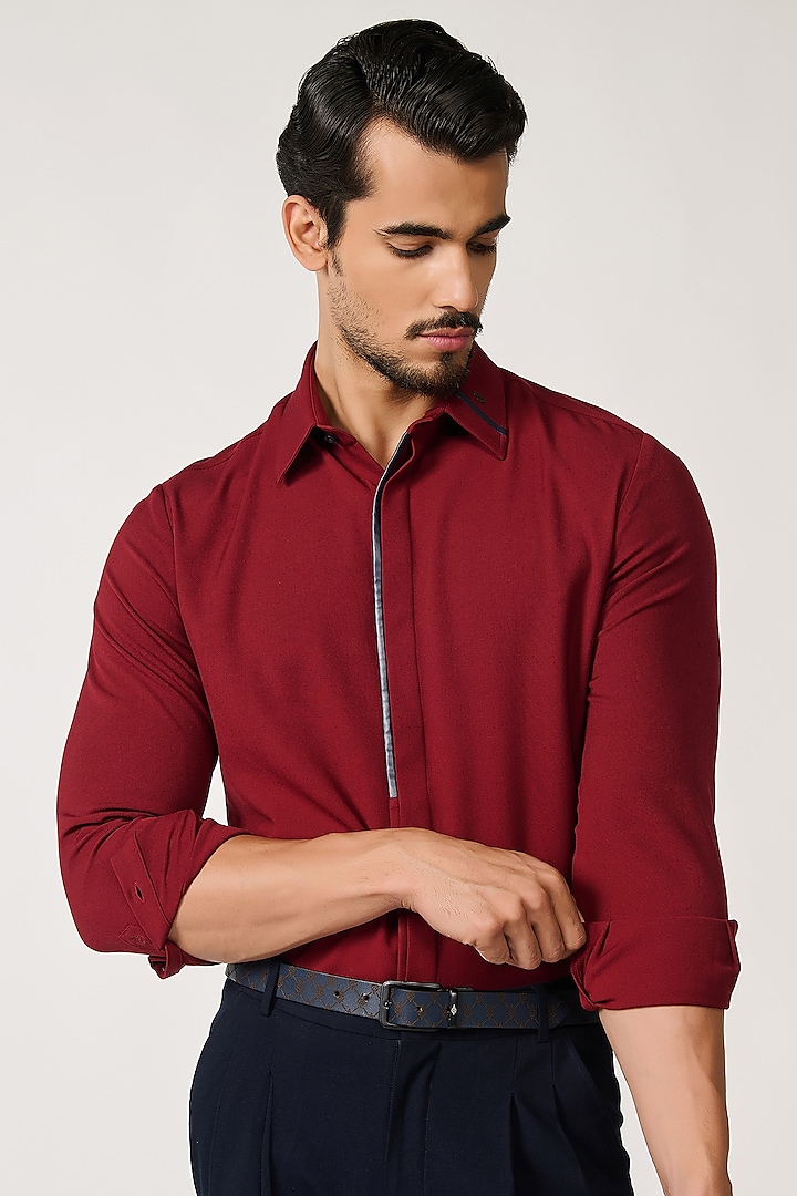 Cherry Red Terylene & Viscose Shirt by S&N by Shantnu Nikhil Men