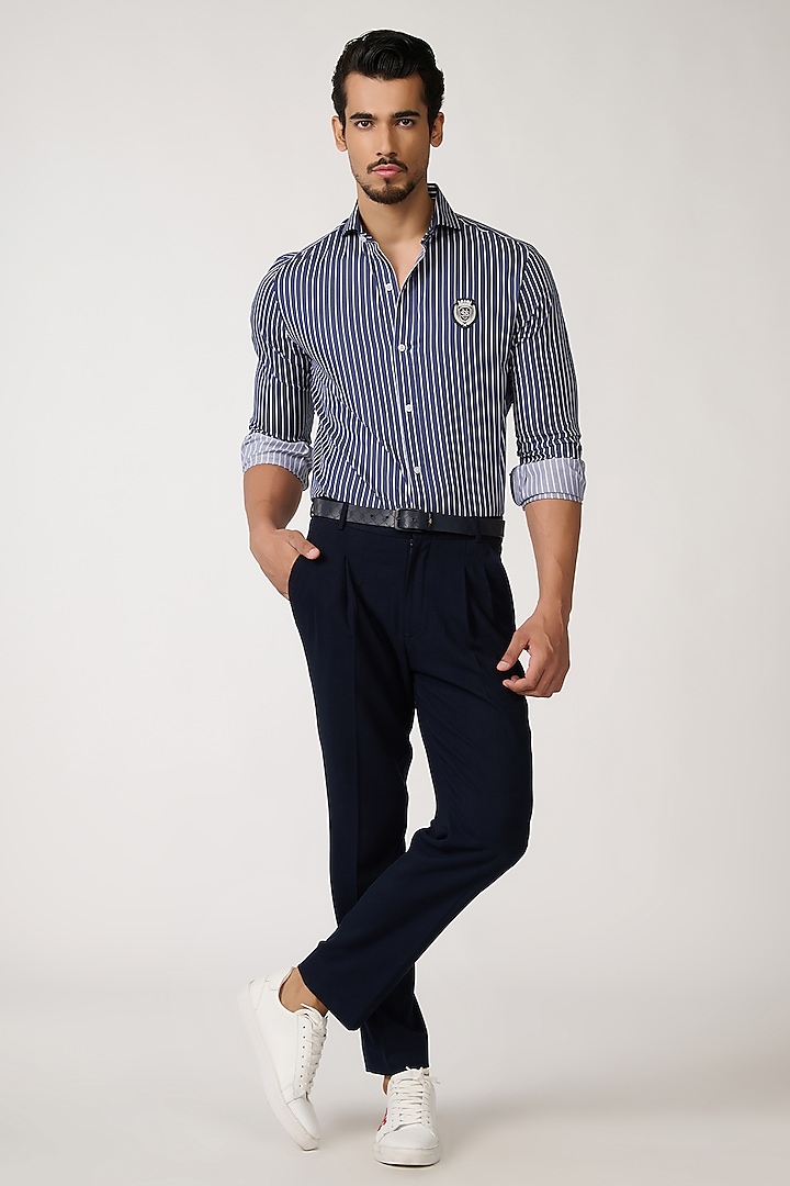 Navy Blue Poly Blend & Cotton Striped Shirt by S&N by Shantnu Nikhil Men at Pernia's Pop Up Shop