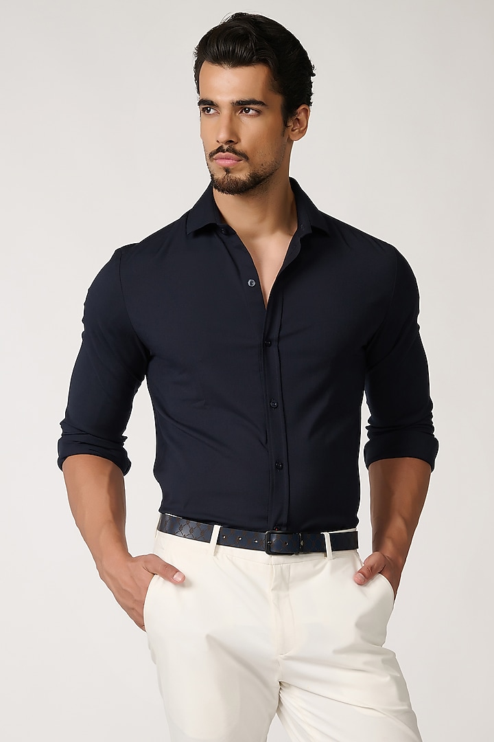 Navy Blue Terylene & Viscose Shirt by S&N by Shantnu Nikhil Men