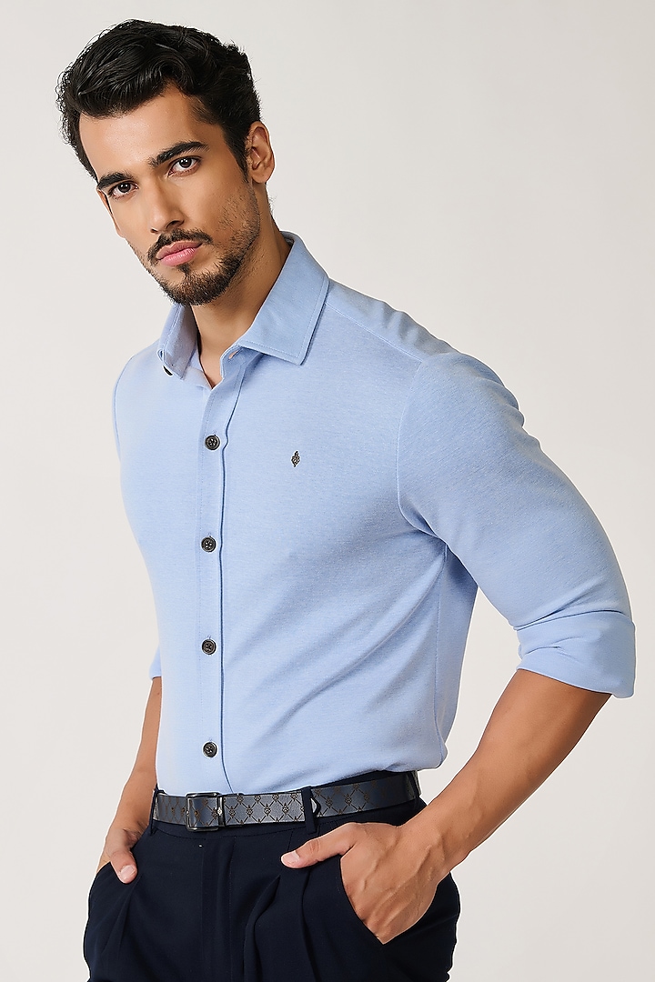 Light Blue Knit Melange Shirt by S&N by Shantnu Nikhil Men