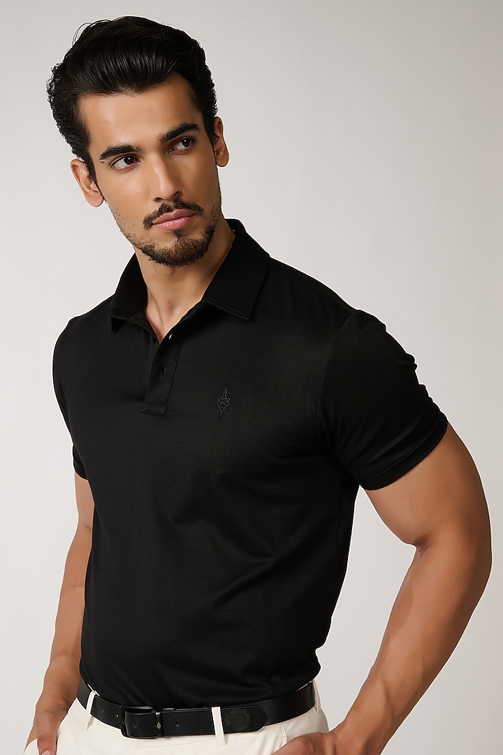 Black Viscose & Nylon Polo T-Shirt by S&N by Shantnu Nikhil Men