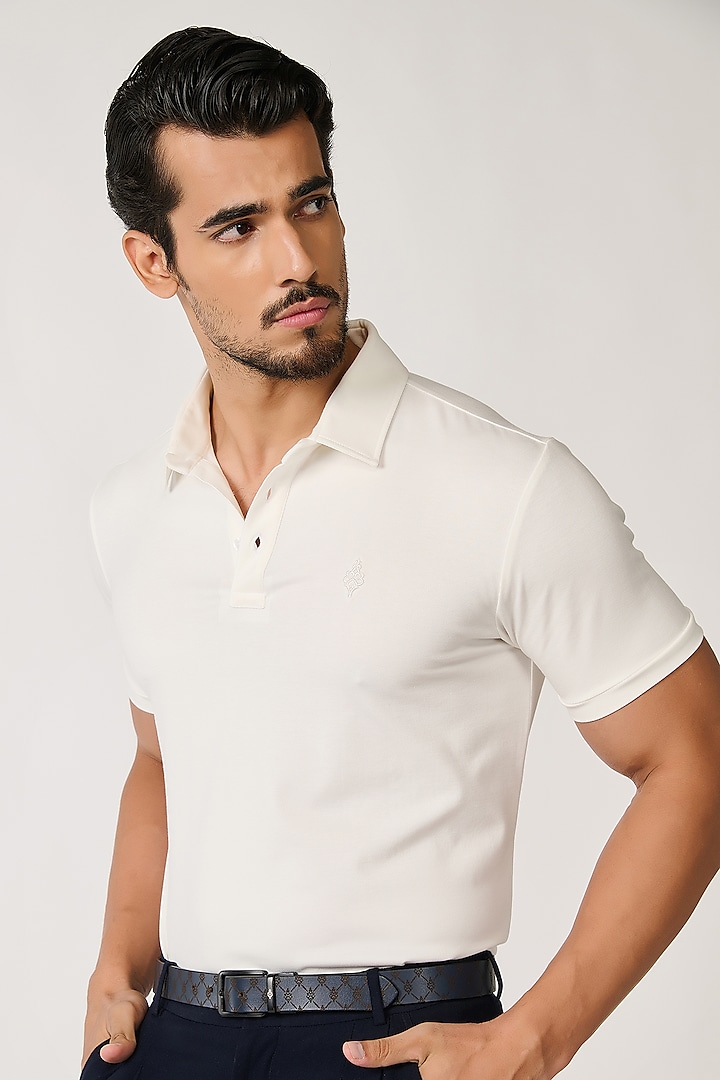 Off-White Viscose & Nylon Polo T-Shirt by S&N by Shantnu Nikhil Men